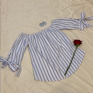 Off the shoulder white and blue stripped shirt